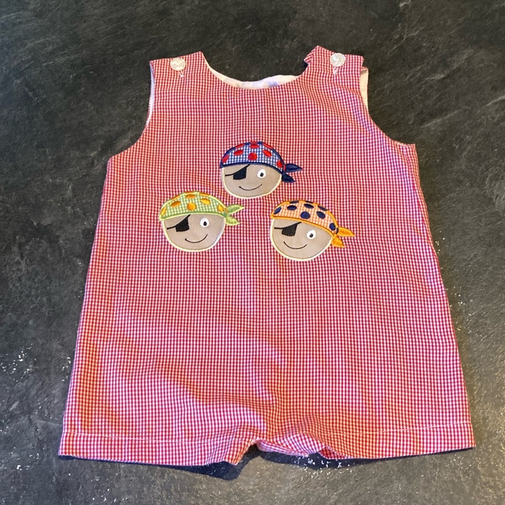 Boys Candyland red checked pirates sleeveless romper size 9 months